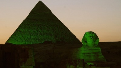 The pyramids and Sphinx in Giza, Egypt lit up green for St. Patrick's Day Credit: Tourism Ireland